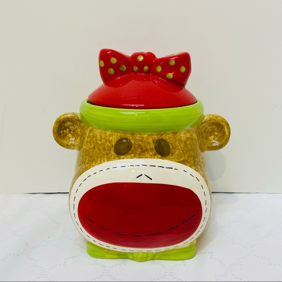 Girl Sock Monkey Ceramic Cookie Jar Real Home Earthenware Red Smiley Face. - Picture 2 of 13